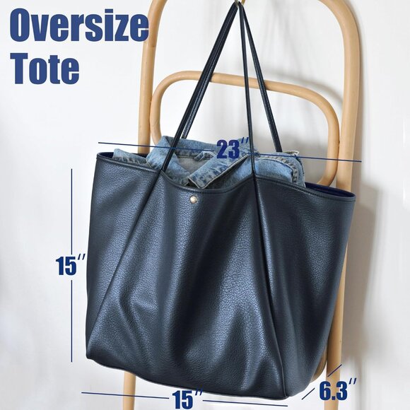 Hoxis Women Navy BluePU+Polyester Weekender Oversize Vegan Leather Tote Handbag - Picture 4 of 7